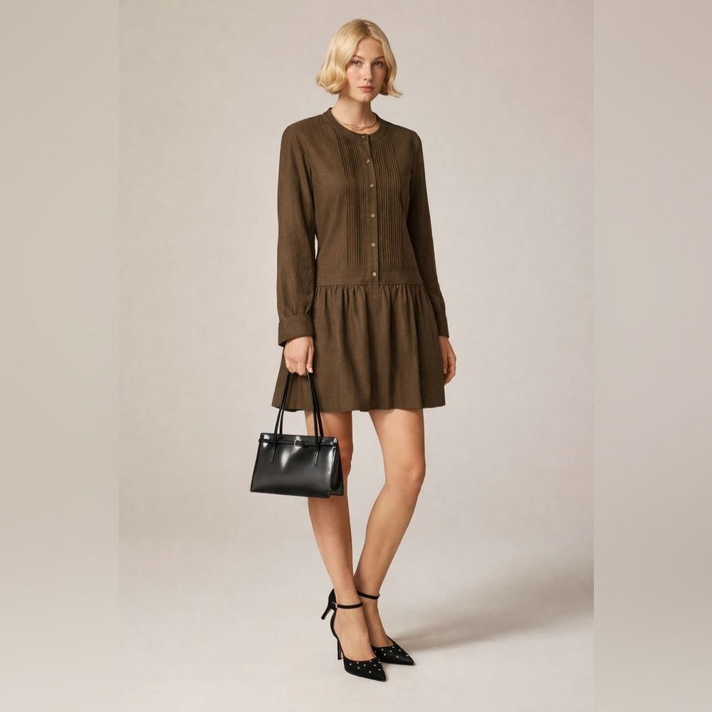 J.Crew Pin Tucked Dropped Waist Long Sleeve Wool Dress in Olive Sz 8 Military